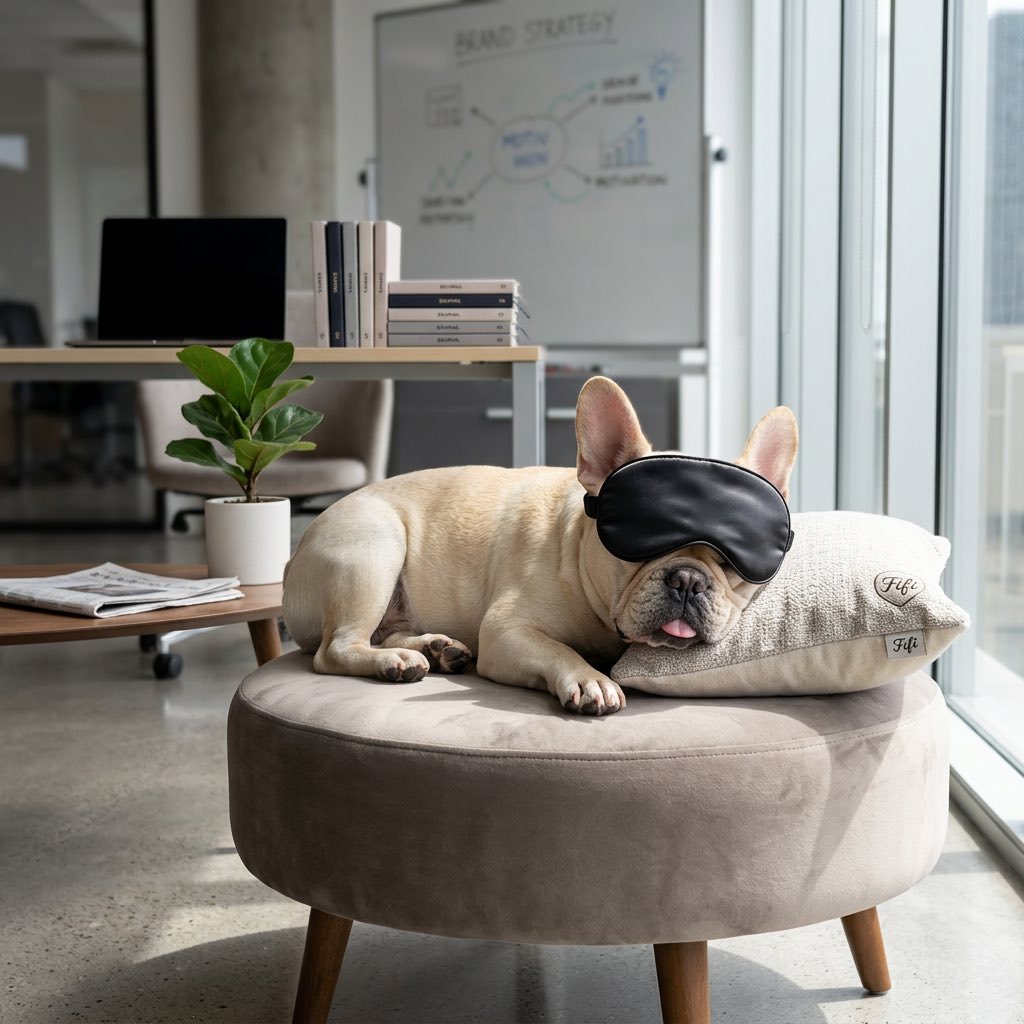 Fifi the French Bulldog wearing her sleep mask — taking air quality monitoring very seriously